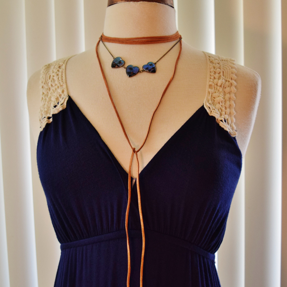 Retro Maxi Festival Dress Navy with Crochet Detail